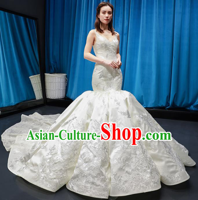 Top Grade Fishtail Wedding Gown Bride Costume White Veil Trailing Full Dress Princess Dress for Women