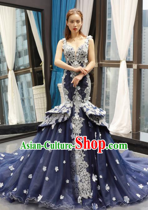 Top Grade Compere Deep Blue Fishtail Full Dress Princess Trailing Wedding Dress Costume for Women