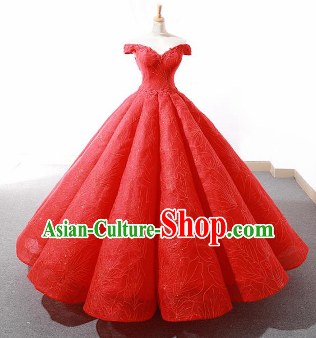Top Grade Compere Red Bubble Full Dress Princess Embroidered Veil Wedding Dress Costume for Women