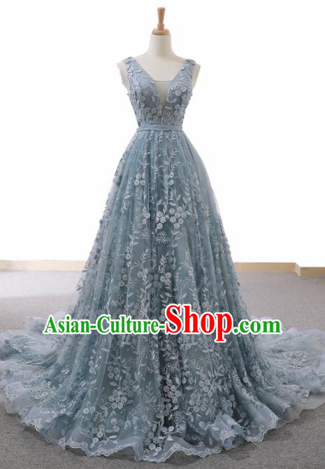 Top Grade Compere Blue Veil Trailing Full Dress Princess Wedding Dress Costume for Women