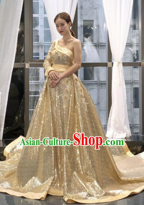 Top Grade Compere Trailing Full Dress Princess Golden Wedding Dress Costume for Women