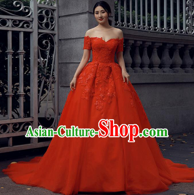 Top Grade Compere Red Bubble Full Dress Princess Embroidered Wedding Dress Costume for Women