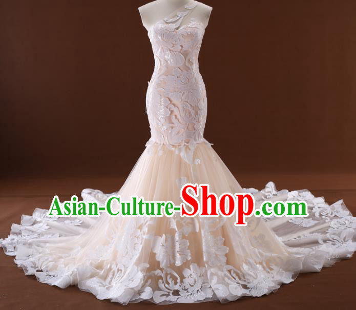 Top Grade Compere Champagne Veil Trailing Full Dress Princess Embroidered Lace Wedding Dress Costume for Women