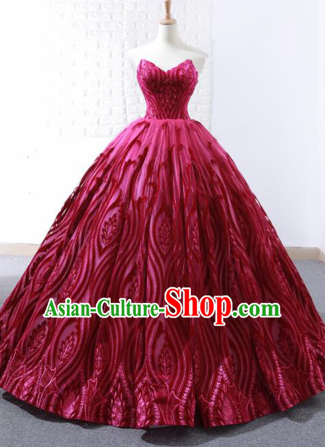 Top Grade Compere Wine Red Bubble Embroidered Full Dress Princess Wedding Dress Costume for Women