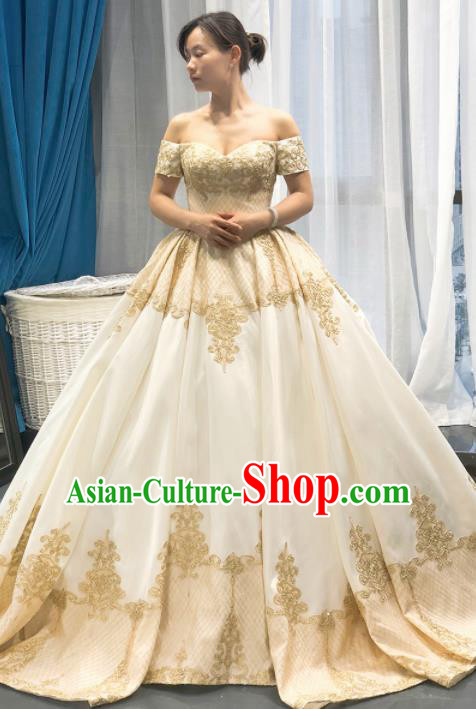 Top Grade Trailing Champagne Wedding Gown Bride Costume Full Dress Princess Dress for Women