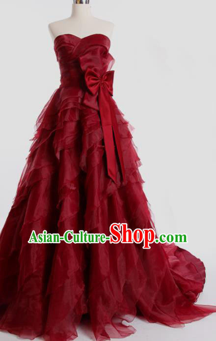 Top Grade Compere Wine Red Veil Full Dress Princess Trailing Wedding Dress Costume for Women