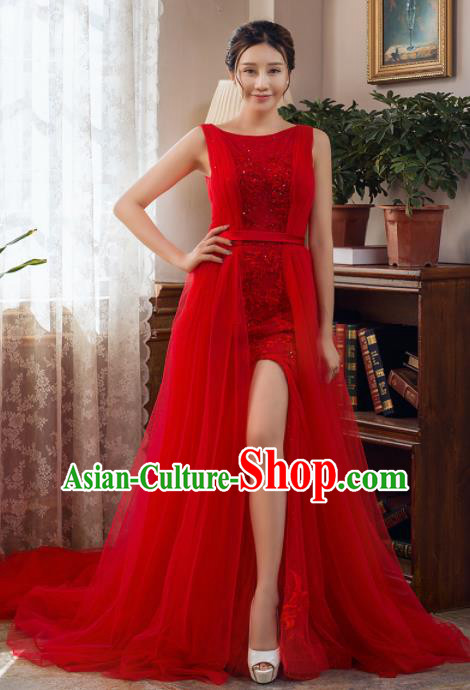 Top Grade Compere Red Veil Trailing Full Dress Princess Wedding Dress Costume for Women
