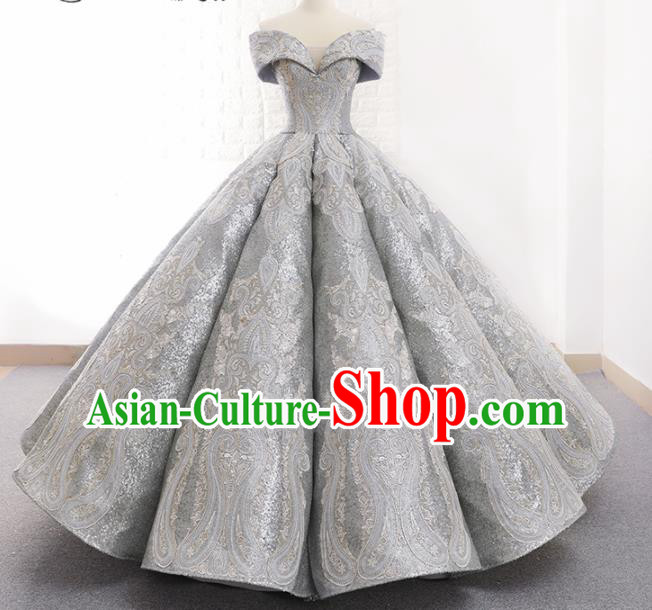 Top Grade Compere Grey Paillette Full Dress Princess Embroidered Bubble Wedding Dress Costume for Women