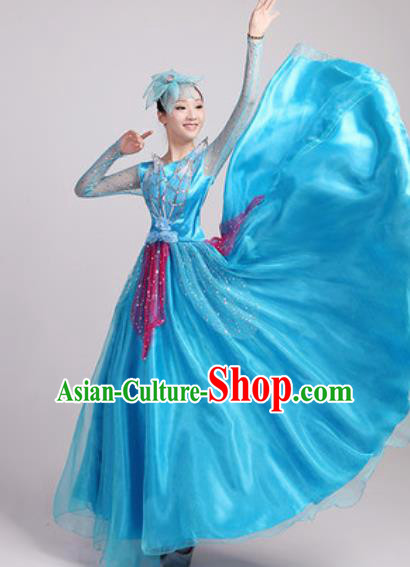 Chinese Traditional Spring Festival Gala Opening Dance Blue Veil Dress Modern Dance Costume for Women