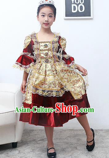 Europe Traditional Court Princess Dance Costume Drama Stage Performance Wine Red Dress for Kids