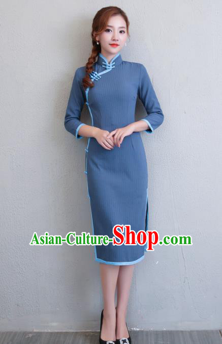 Asian Chinese Traditional Cheongsam Classical Tang Suit Navy Qipao Dress for Women