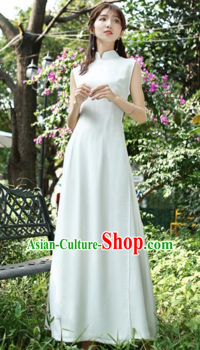 Asian Vietnam Traditional White Cheongsam Vietnamese Classical Aodai Qipao Dress for Women