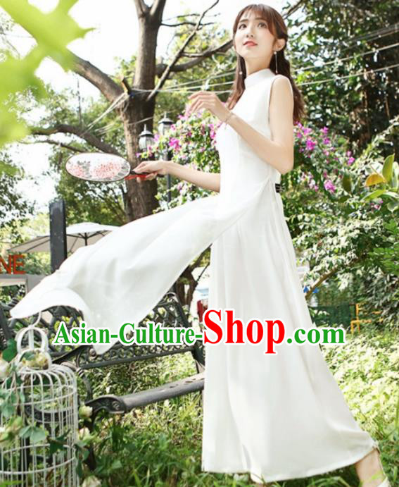 Asian Vietnam Traditional White Cheongsam Vietnamese Classical Aodai Qipao Dress for Women
