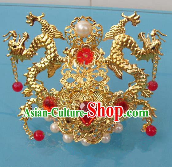 Chinese Traditional God of Wealth Hair Accessories Ancient Prince Red Crystal Dragon Hairdo Crown for Men