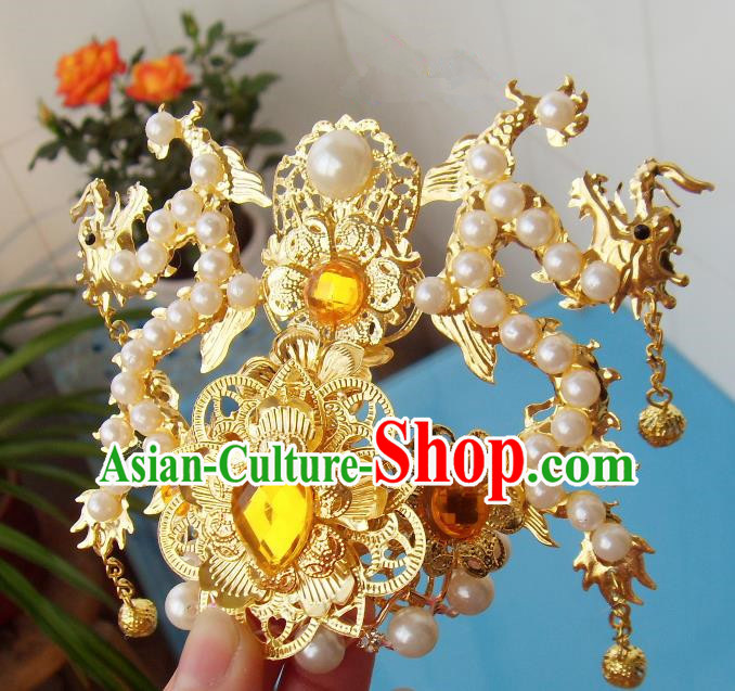 Chinese Traditional God of Wealth Hair Accessories Ancient Prince Yellow Crystal Dragon Hairdo Crown for Men