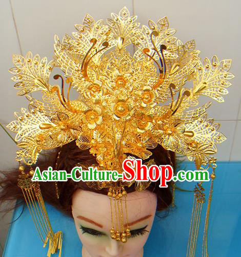 Chinese Traditional Goddess Golden Tassel Hairpins Phoenix Coronet Ancient Bride Hair Accessories for Women