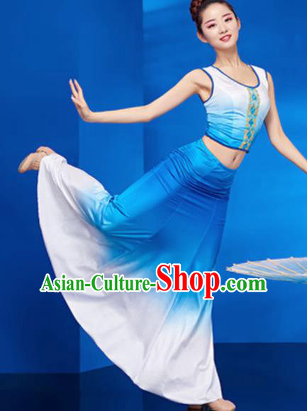 Chinese Traditional Ethnic Folk Dance Blue Dress Dai Nationality Peacock Dance Costume for Women