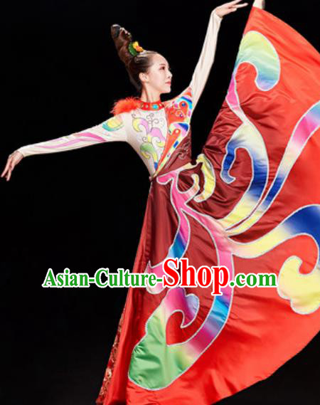 Chinese Traditional Ethnic Folk Dance Red Dress Mongol Nationality Dance Costume for Women