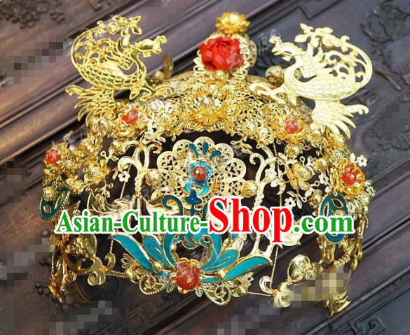 Chinese Traditional Handmade Blueing Phoenix Coronet Ancient Hairpins Wedding Hair Accessories Complete Set for Women