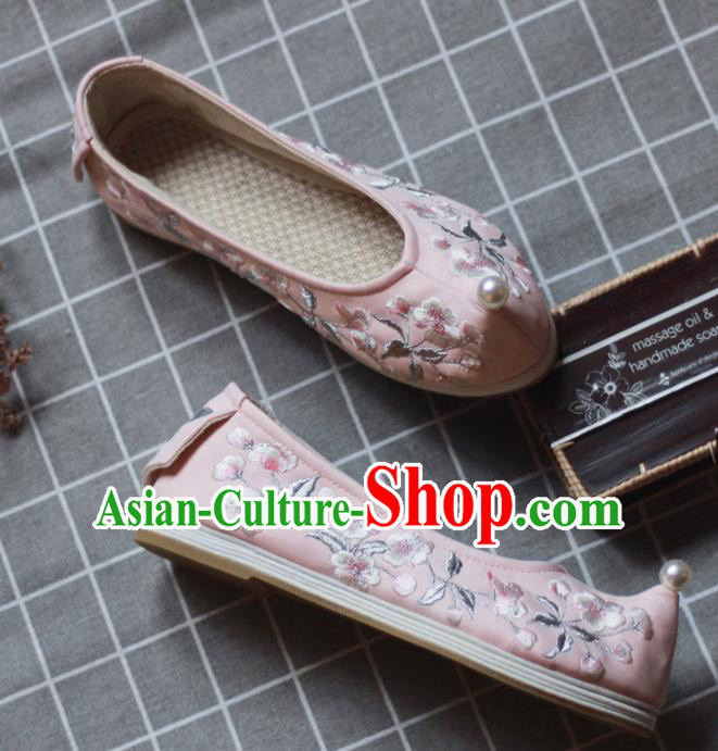 Asian Chinese Wedding Hanfu Shoes Traditional Ancient Princess Pearl Pink Embroidered Shoes for Women