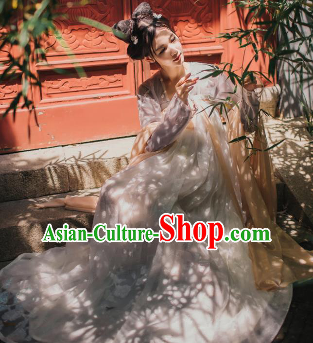 Chinese Traditional Tang Dynasty Court Maid White Hanfu Dress Ancient Peri Costume for Women