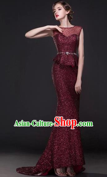 Top Grade Compere Modern Fancywork Costume Wine Red Trailing Full Dress Princess Wedding Dress for Women