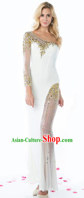 Top Grade White Full Dress Compere Modern Fancywork Costume Princess Wedding Dress for Women