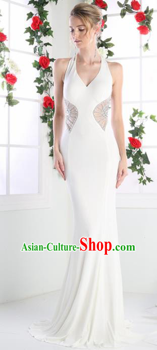 Top Grade White Crystal Full Dress Compere Modern Fancywork Costume Princess Wedding Dress for Women
