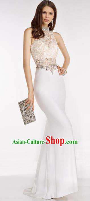 Top Grade White Lace Full Dress Compere Modern Fancywork Costume Princess Wedding Dress for Women