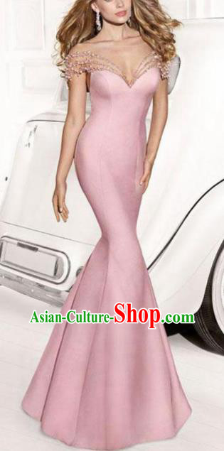 Top Grade Pink Trailing Full Dress Compere Modern Fancywork Costume Princess Wedding Dress for Women