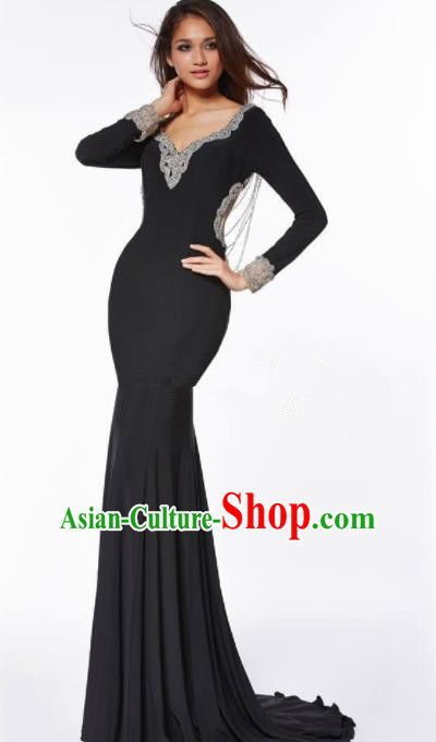 Top Grade Black Trailing Full Dress Compere Modern Fancywork Costume Princess Wedding Dress for Women