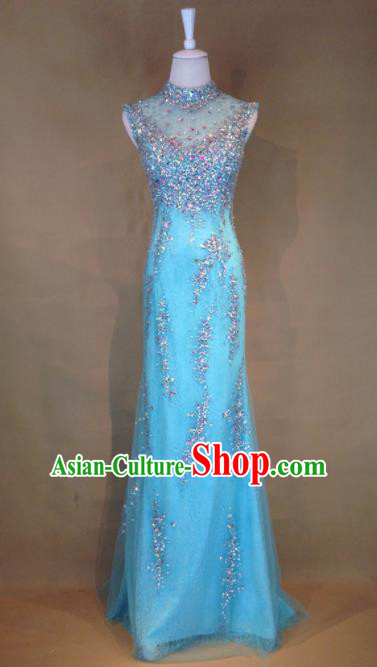Top Grade Blue Veil Crystal Full Dress Compere Modern Fancywork Costume for Women