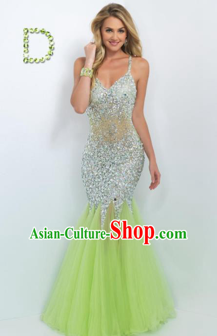 Top Grade Catwalks Green Veil Fishtail Crystal Evening Dress Compere Modern Fancywork Costume for Women