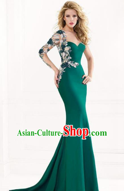 Top Grade Catwalks Deep Green Embroidered Evening Dress Compere Modern Fancywork Costume for Women