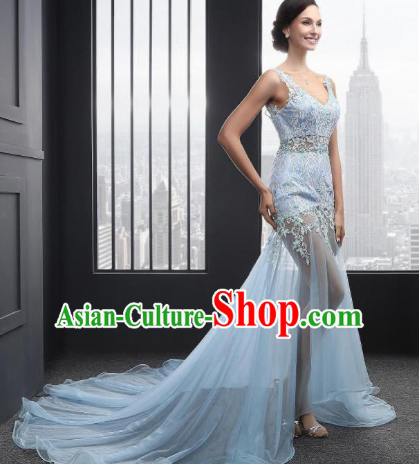 Top Grade Catwalks Blue Embroidered Lace Evening Dress Compere Modern Fancywork Costume for Women