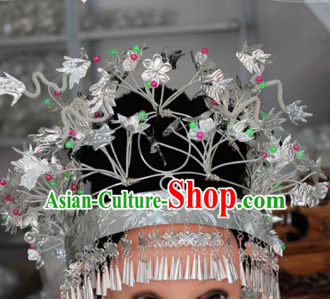 Chinese Traditional Ethnic Princess Hair Crown Sliver Tassel Phoenix Coronet Miao Nationality Bride Hairpins for Women