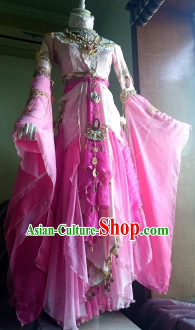 Chinese Traditional Cosplay Peri Princess Costume Ancient Female Knight Swordswoman Pink Dress for Women