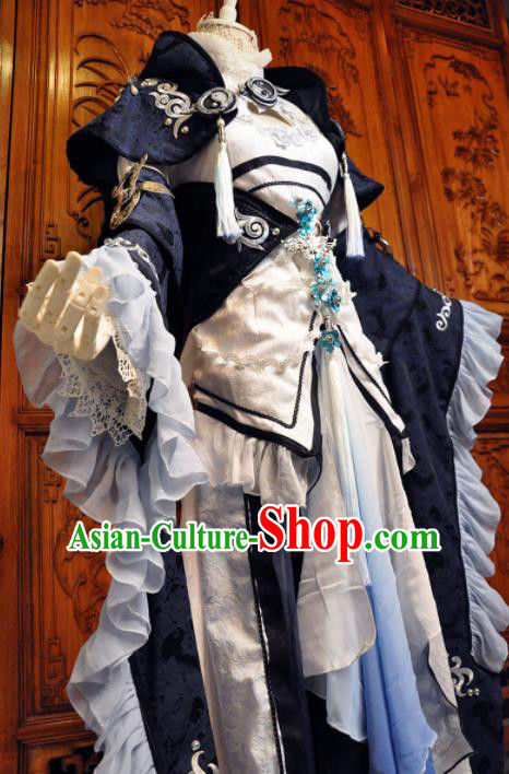 Chinese Traditional Cosplay Princess Costume Ancient Peri Swordswoman Navy Dress for Women