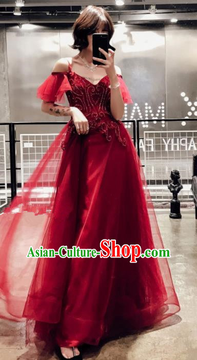 Professional Compere Costume Top Grade Red Veil Full Dress Modern Dance Clothing for Women
