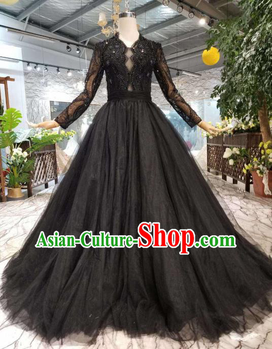 Professional Compere Black Veil Costume Top Grade Full Dress Modern Dance Clothing for Women