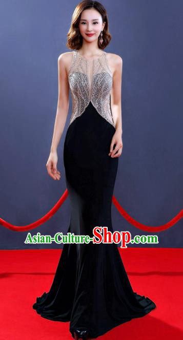 Professional Top Grade Diamante Black Full Dress Modern Dance Stage Performance Compere Costume for Women
