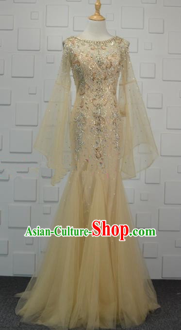 Professional Compere Golden Veil Fishtail Full Dress Top Grade Modern Dance Costume Princess Wedding Dress for Women