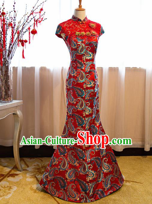 Chinese Traditional Compere Costume Tang Suit Qipao Dress Red Cheongsam for Women