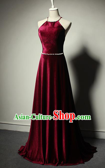 Top Grade Catwalks Wine Red Velvet Evening Dress Compere Modern Fancywork Costume for Women