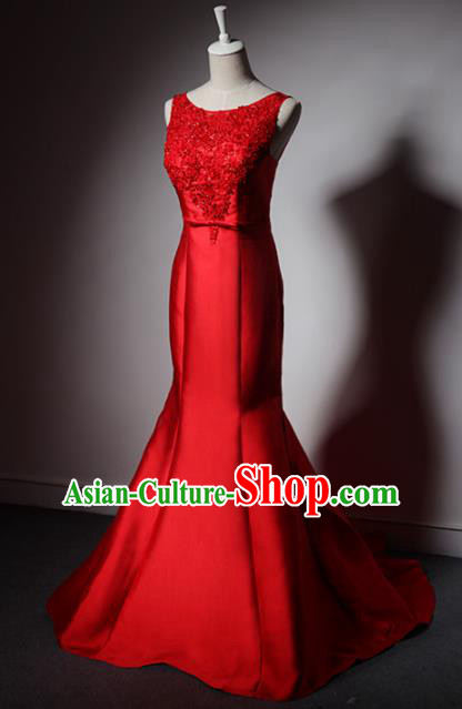 Top Grade Catwalks Red Satin Evening Dress Compere Modern Fancywork Costume for Women