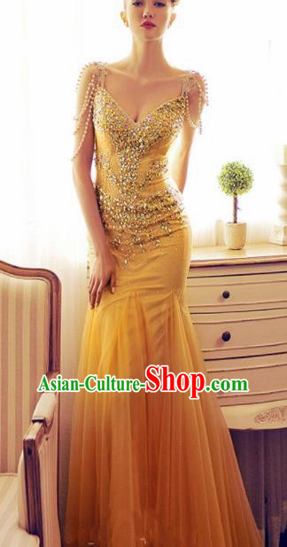 Top Grade Catwalks Yellow Veil Evening Dress Compere Modern Fancywork Costume for Women