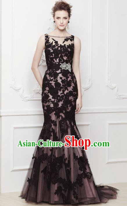 Top Grade Catwalks Black Veil Trailing Evening Dress Compere Modern Fancywork Costume for Women