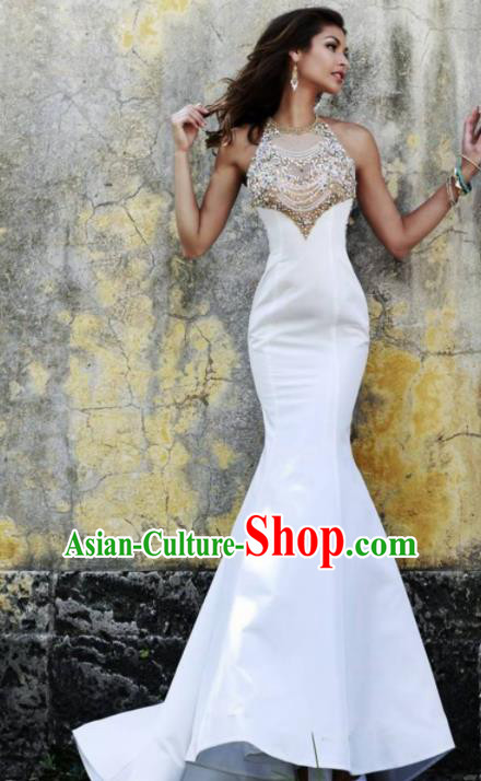 Top Grade Catwalks Crystal White Evening Dress Compere Modern Fancywork Costume for Women