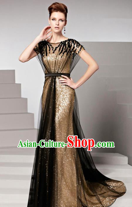 Top Grade Catwalks Golden Paillette Trailing Evening Dress Compere Modern Fancywork Costume for Women