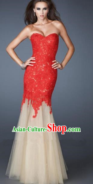 Top Grade Catwalks Red Lace Veil Evening Dress Compere Modern Fancywork Costume for Women